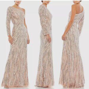 MAC DUGGAL 4982 EMBELLISHED ONE SLEEVE W/ SEQUIN BELT ROSE GOLD GOWN sz 12